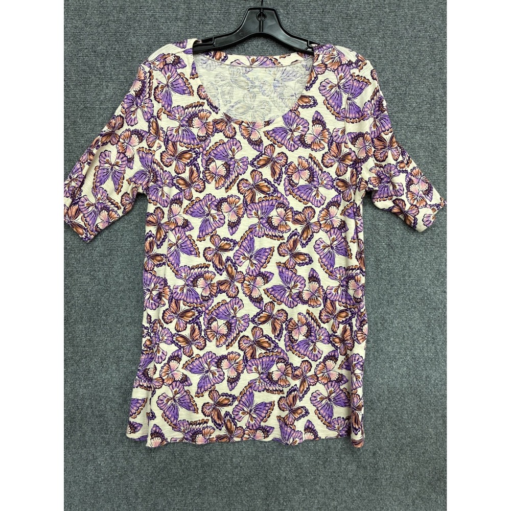 J. Jill Pima Slub Scoop Neck Side Slit Butterfly Print Tee Purple Orange XL